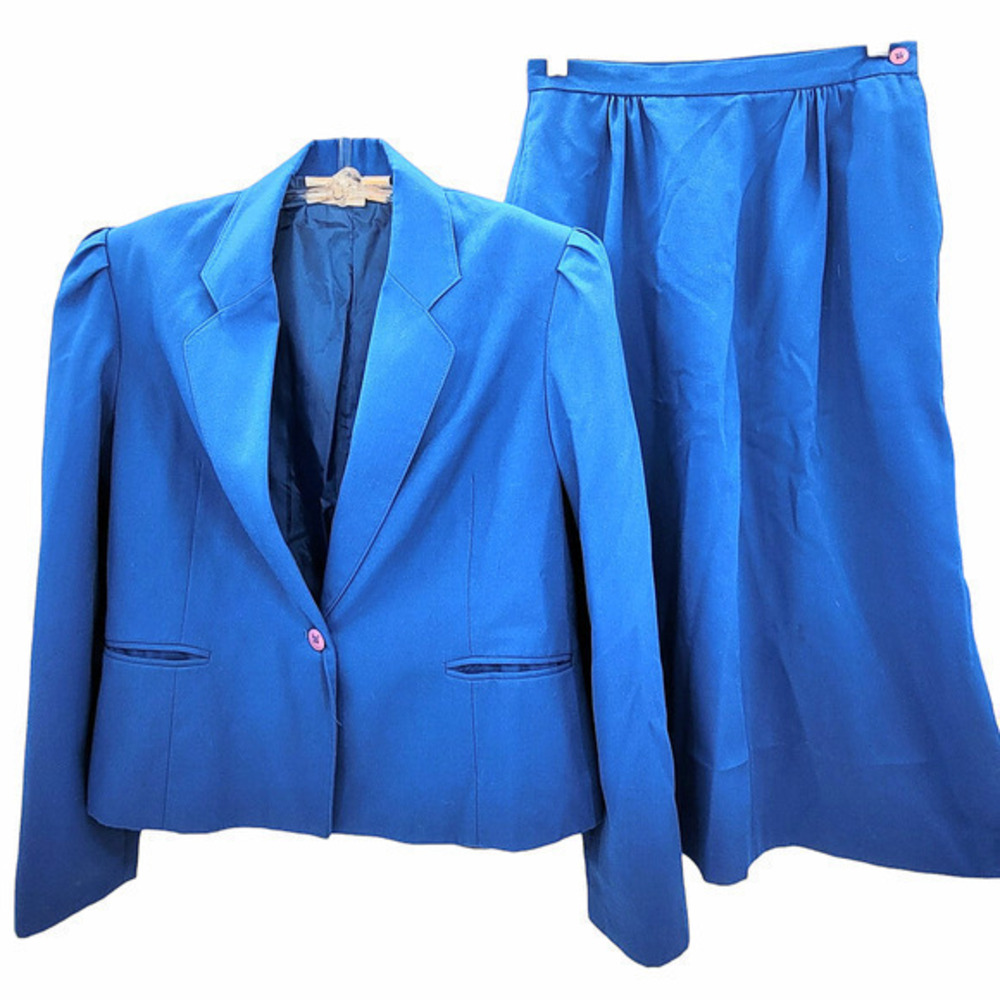 Vintage 80s Career Guild Blue One Button Boxy Blazer‎ Midi Skirt Set Suit